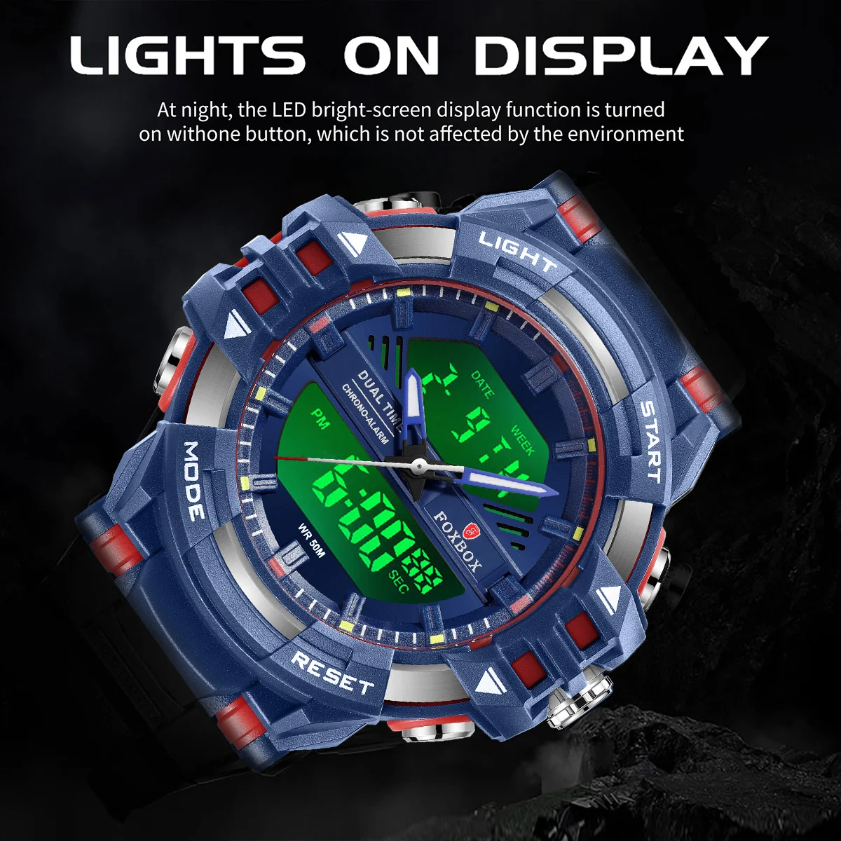 موضة العرض المزدوج الرجال الساعات مقاوم للماء مضيئة LED الساعات الرقمية للرجال العسكرية الرياضة التقويم كرونوغراف رجل على مدار الساعة