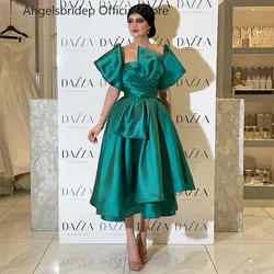 customized  Green A Line Saudi Arabia Midi Prom Dresses Short Sleeves Dubai Formal Prom Party Gowns Pleat Women's Evening Dress