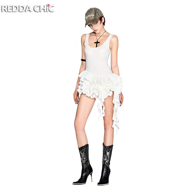 

REDDACHiC Coquette Frilly Mini Dress White Solid Casual Slim Fit Scoop Neck Tank Layered Ruffle Cake Dress Summer Women Clothing