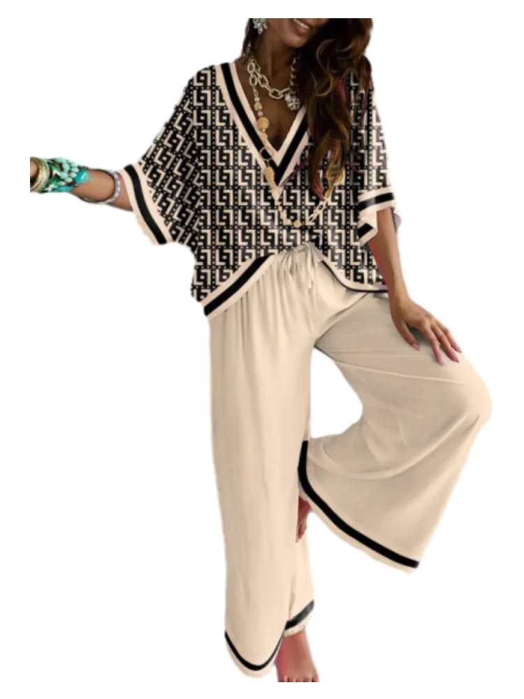

Missuoo 2025 Summer New Women's Casual Suit V-neck Printed T-shirt Top and Drawstring Wide Leg Pants Loose Fit Pants Set