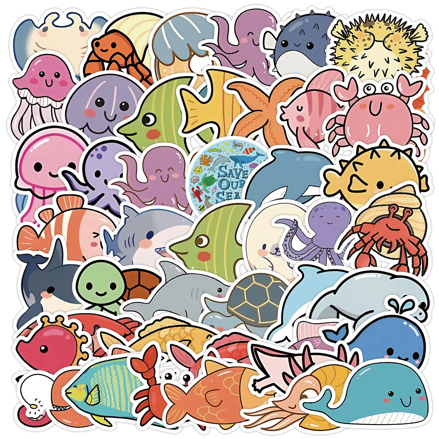 10/30/50PCS Cartoon Sea Animals Cute Jellyfish Shark Whale Graffiti Sticker DIY Refrigerator Guitar Waterproof Decal Kids Toy