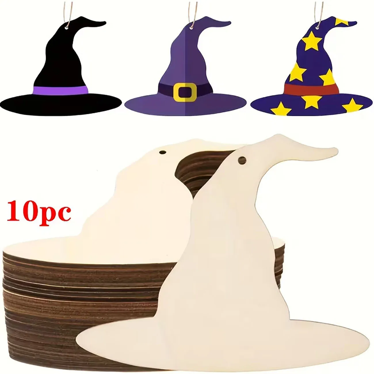 10 Pcs Blank Wooden Witch Hat Ornaments Unfinished Wood Cutouts with Rope for DIY Craft Halloween Hanging Decor