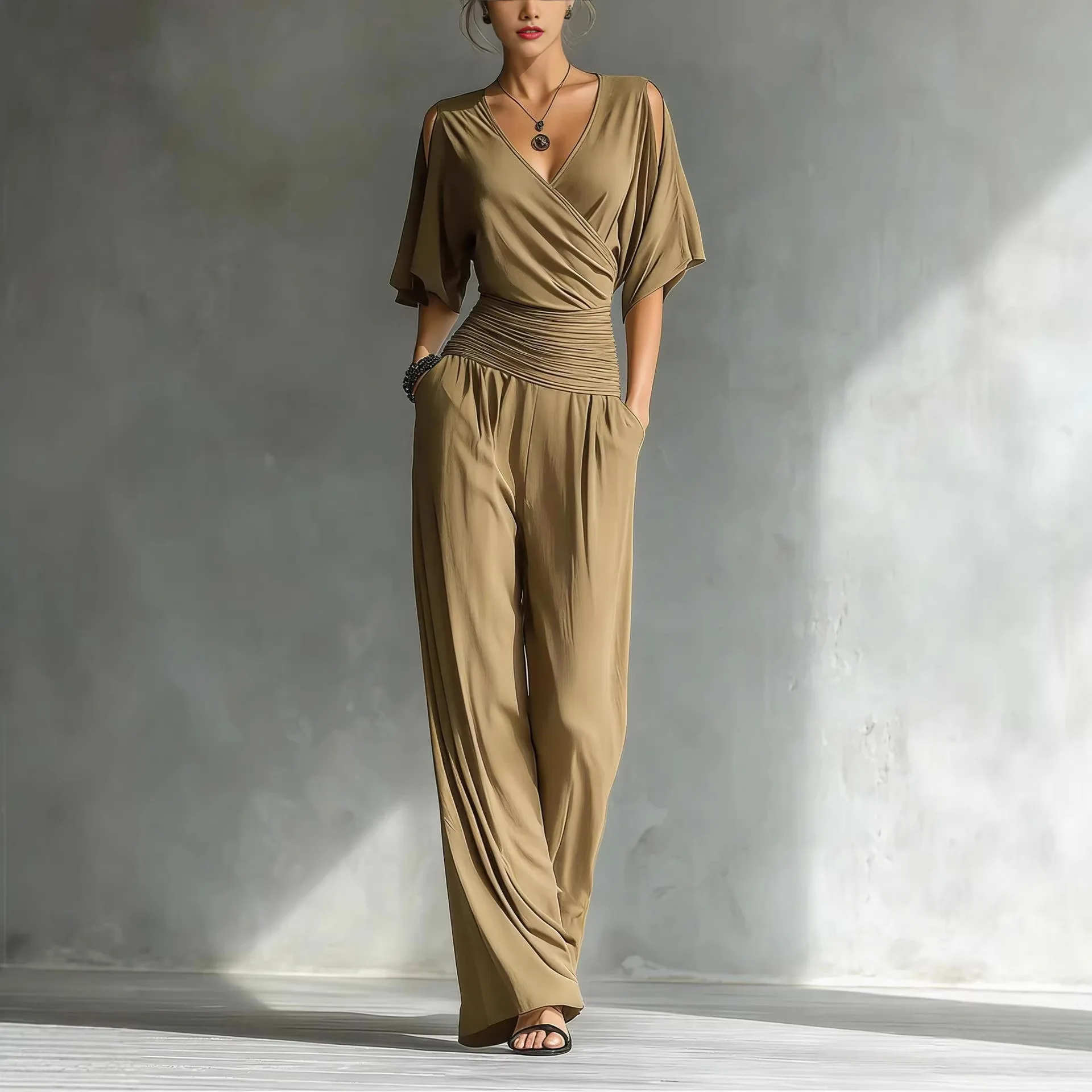 European and American 2026 Summer New Fashionable Style Leakage Shoulder V-neck Slimming Jumpsuit for Women