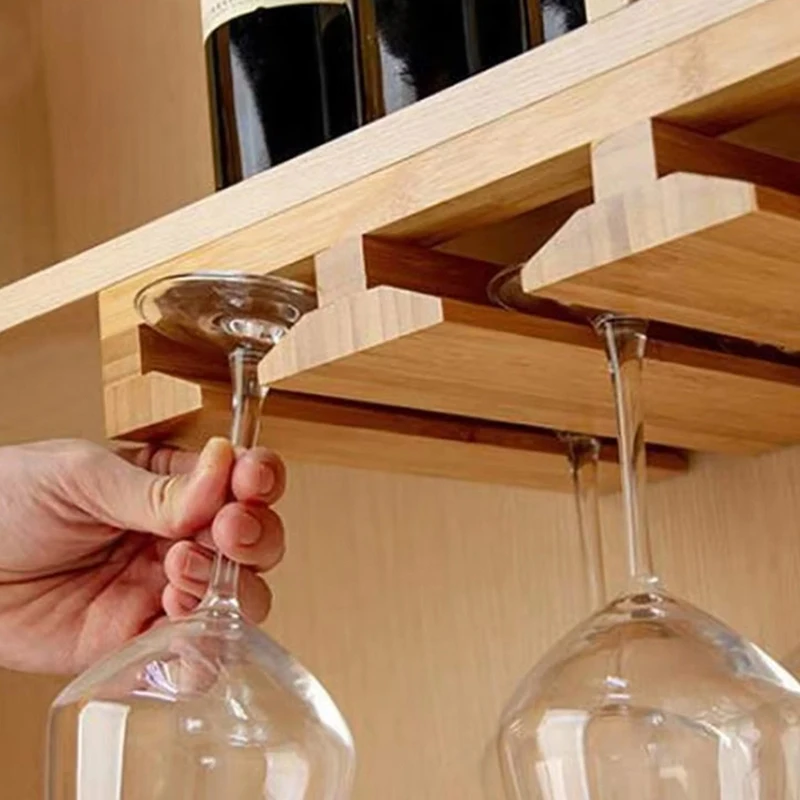 Bamboo Wine Glass Holder,Hanging Stemware Display Rack,Under Cabinet Mounted Wine Glass Drying Hanger Organizer Rack