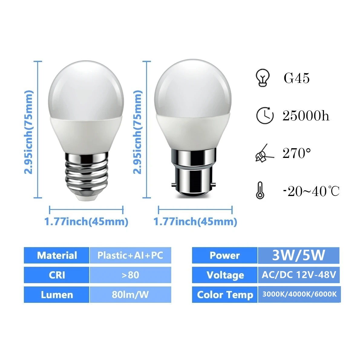 Lâmpada LED de baixa tensão para iluminação de energia solar, Super Bright White Light, G45, AC, DC, 12V, 48V, E27, B22, 3W, 5W