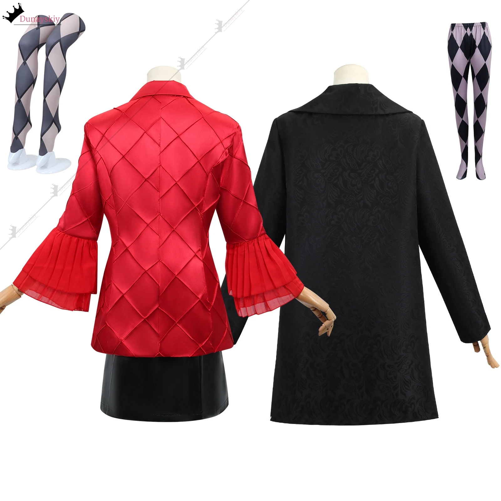 أزياء أنيمي ليدي جوكر النسائية المهرج غاغا التأثيرية سترة سوداء حمراء وتنورة مجموعة نسائية لحفلات الهالوين للنساء البالغات