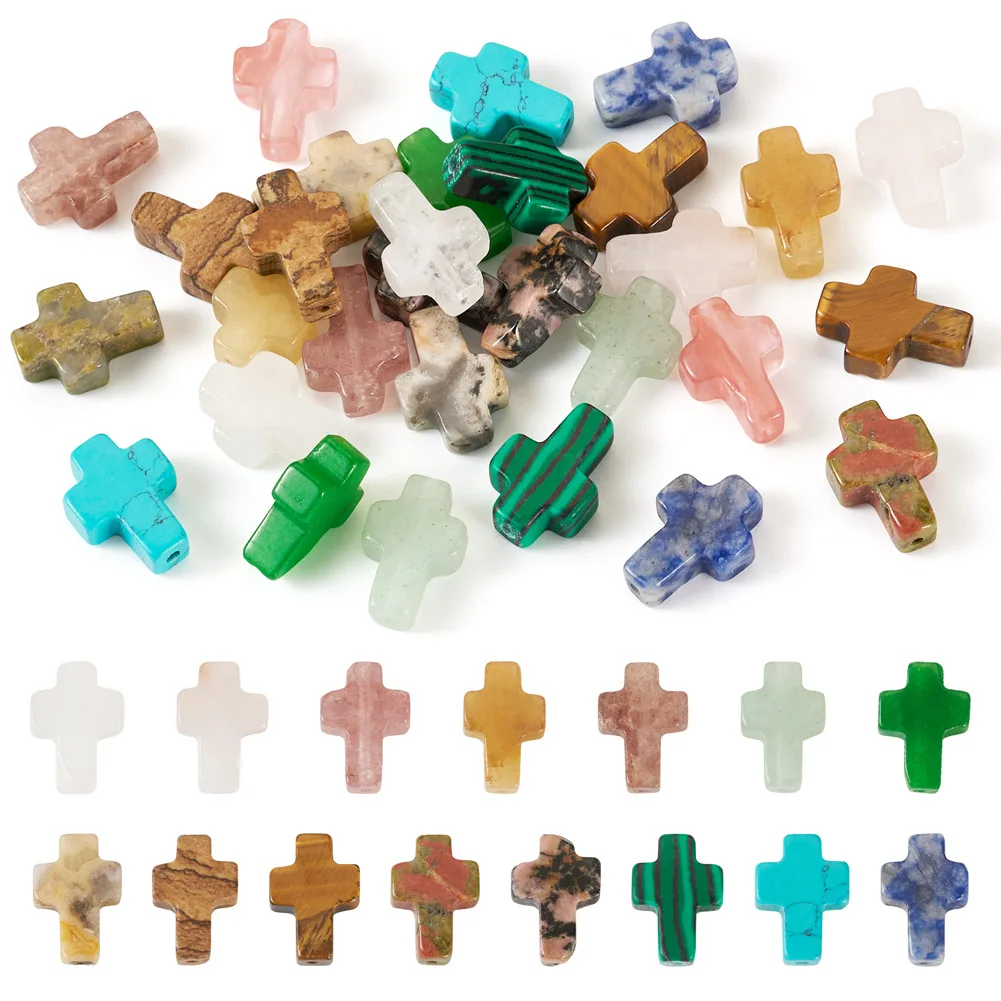 30Pcs Cross Gemstone Bead Natural Synthetic Stone Crucifix Spacer Bead for DIY Jewelry Making Easter Bracelet Earring Supplies