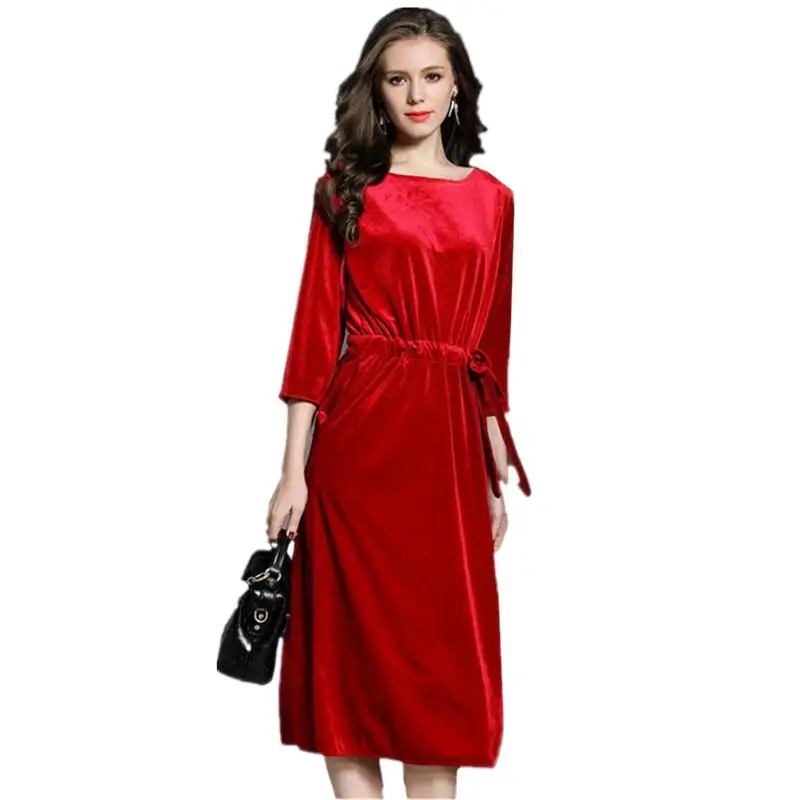 2024 fashion Women Spring Autumn Three Quarter Sleeve Long Dress vintage Sashes Sheath Velvet dress  velour dress -