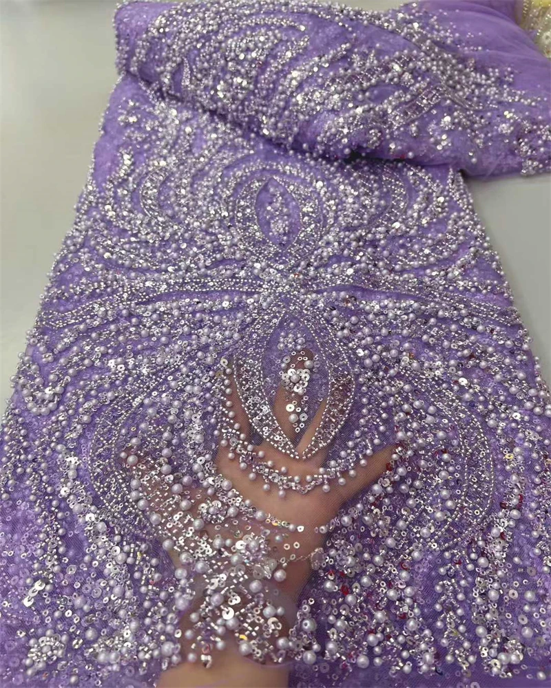 

African Nigerian Net Lace Fabric Handmade Heavy Beaded Sequins Cloth for Prom Dresses High Quality Beads