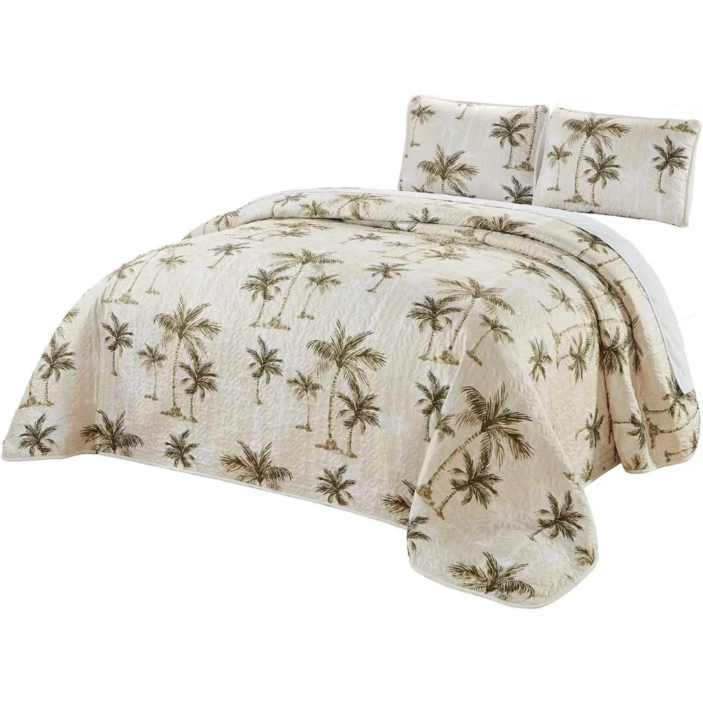 

King Size Reversible Quilt Set with Tropical Palm Tree Print, Oversized 115 x 92 Inches