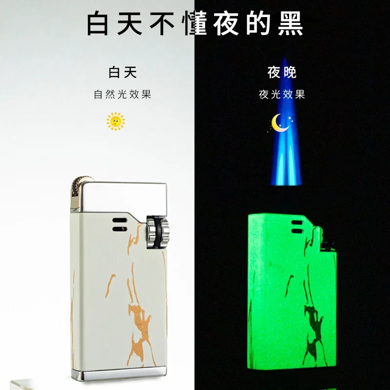 JOBON999-Double Fire Blue Flame Lighter, Straight Into Windproof Lighter, Inflatable Personality, Visible Gas Box, Metal Luminou