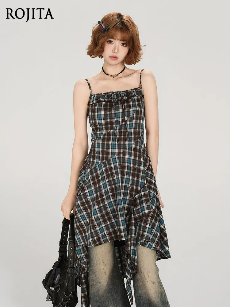 

Винтажное летнее женское платье-комбинация с рюшами по низу, в клетку, на бретельках, с асимметричным дизайном, облегающее, новинка