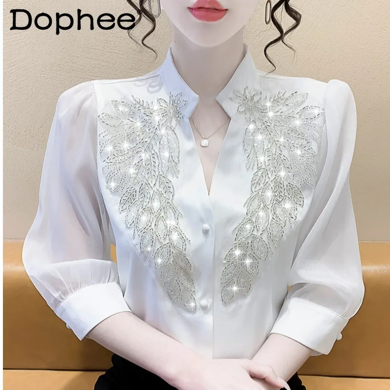 Schwere Stickerei Pailletten Diamant Perlen Knopf Shirt Frauen Mode mittellange weiße Bluse 2022 Frühling Sommer neue camisas mujer