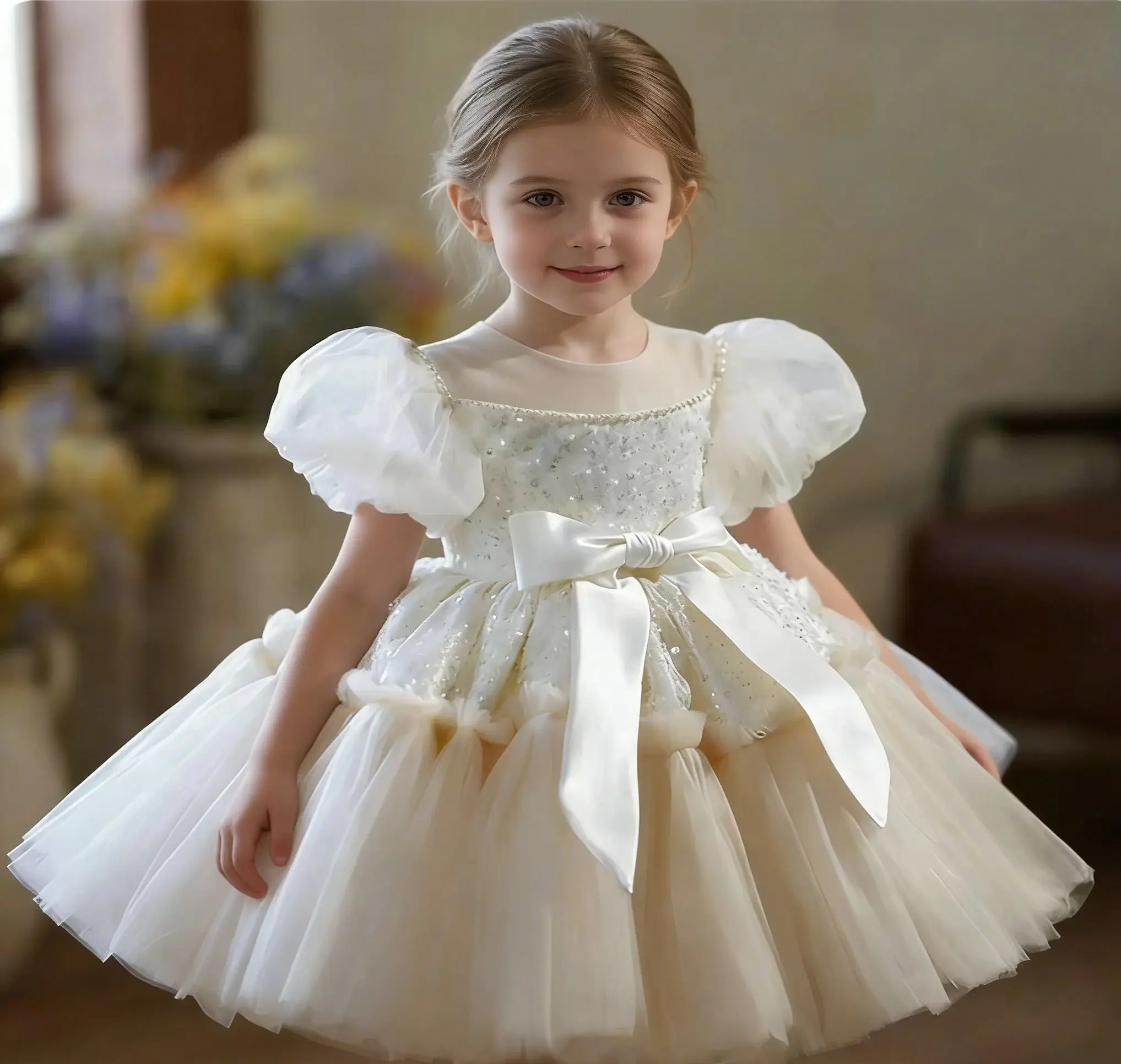 

Lovely Shiny Customized Flower Girl Dress For Wedding Short Sleeves With Bow Toddler Birthday Party First Communion Gown