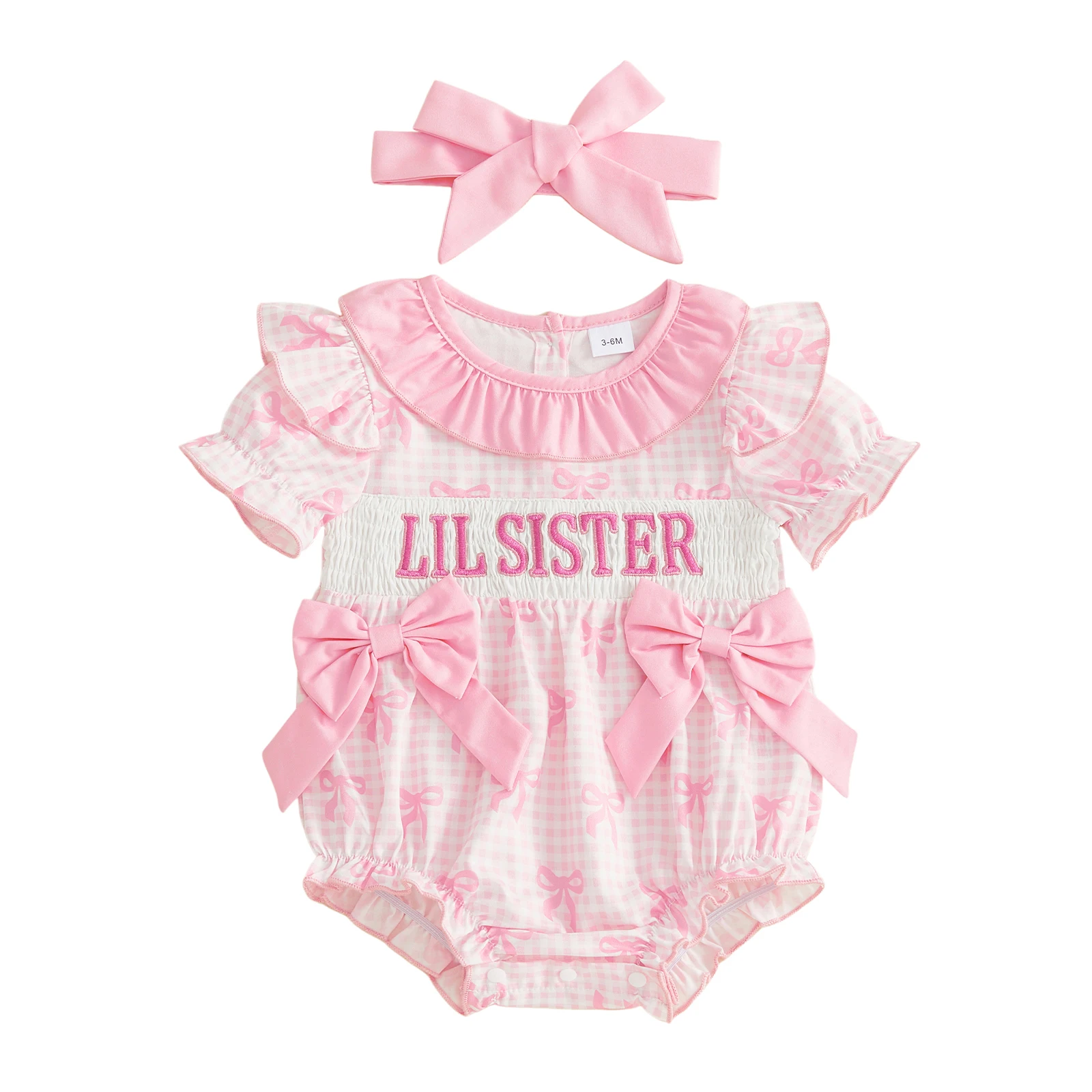 

Комбинезон для маленьких девочек, летний комбинезон с короткими рукавами и круглым вырезом, с вышивкой букв, клетчатым принтом и декоративной отделкой с рюшами, комбинезон