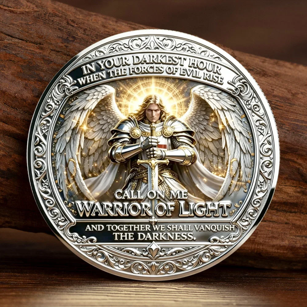 2D Flat New Angel Michael Silvery Plated Commemorative Coin Light Warrior Challenge Coin