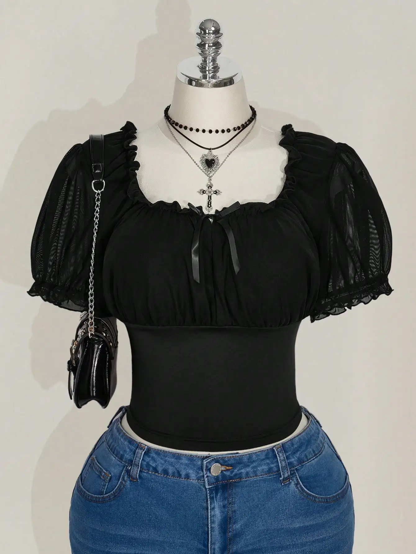 

Летний сетчатый топ больших размеров в готическом стиле с квадратным вырезом, оборками и пышными рукавами