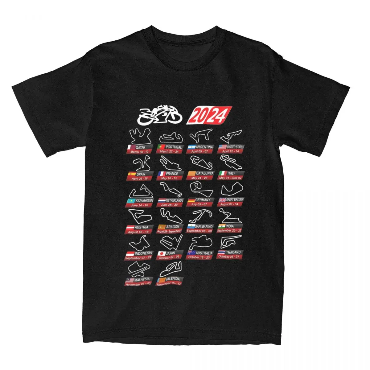 Men Motorsport Calendar Season 2024 Race Circuits Graphic Printed Tee Shirt Cotton Motorcycle Racing T Shirts Tee Clothing