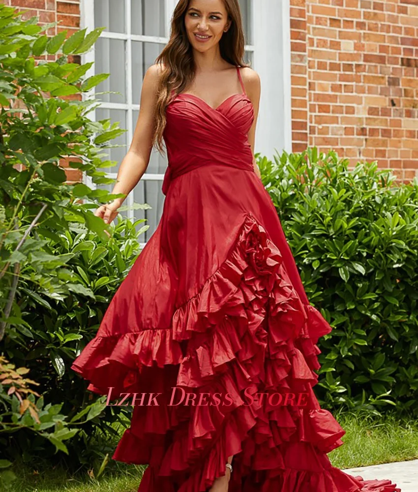 

Customized Sexy Jersey A-Line Spaghetti Straps Ruffles Tiered 3D Bow Evening Dress High Quality Sweetheart Celebrity Gowns