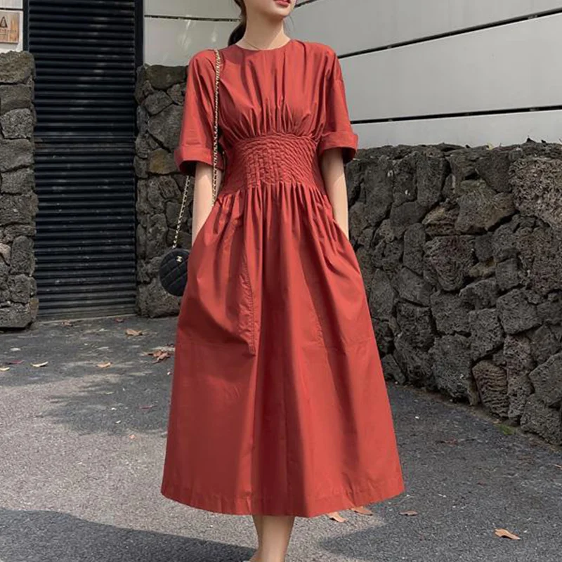 Fashion Elegant Solid Color Waist Women\'s Dresses Summer Vintage Casual Short Sleeve Simplicity Pockets Dress Female Clothing