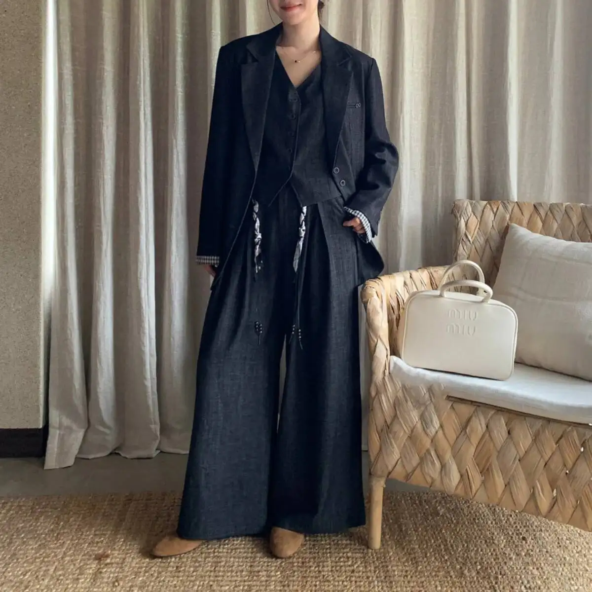 BJTZ سترة واحدة الصدر الخامس الرقبة سترة عالية الخصر السراويل واسعة خمر المرأة 3 قطعة دعوى مجموعة ربيع الخريف موضة جديدة