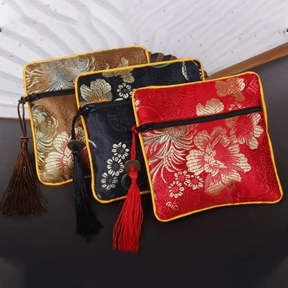 Cloth Embroidery Coin Pouch Tassel Copper Cash Pendant Jewelry Storage Bag Embroidered Jewelry Case Jewelry Organizer