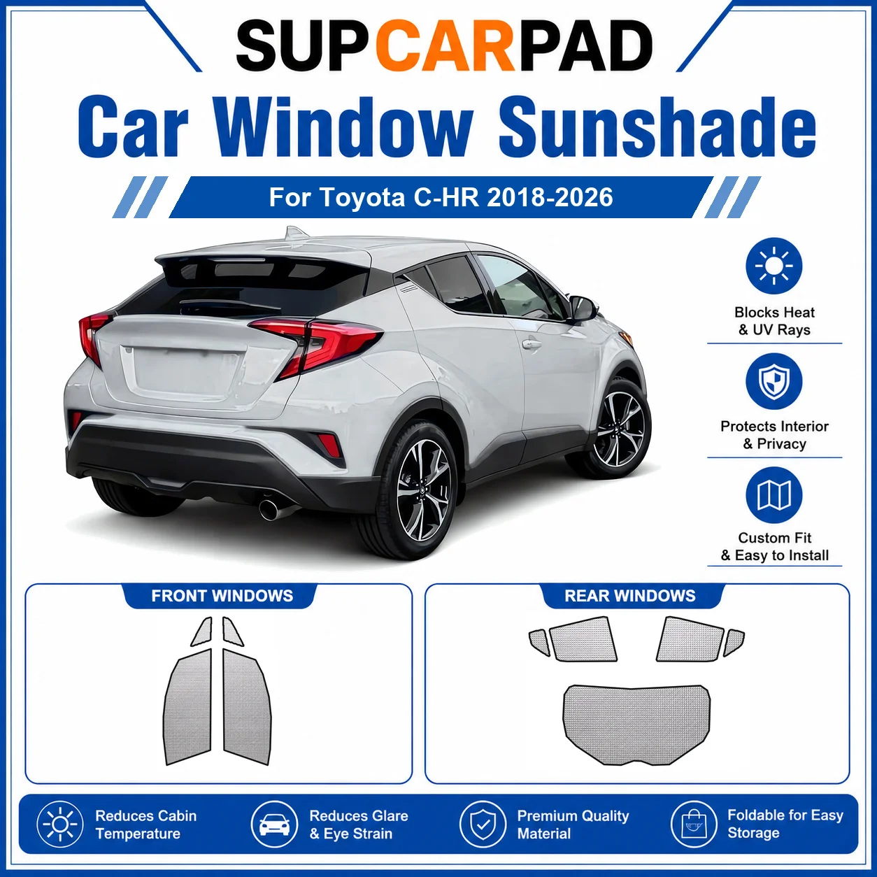 For Toyota - Toyota C-HR 2018-2026 Full Set Car Window Sunshades UV Block Privacy Heat Insulated Foldable Car Curtain