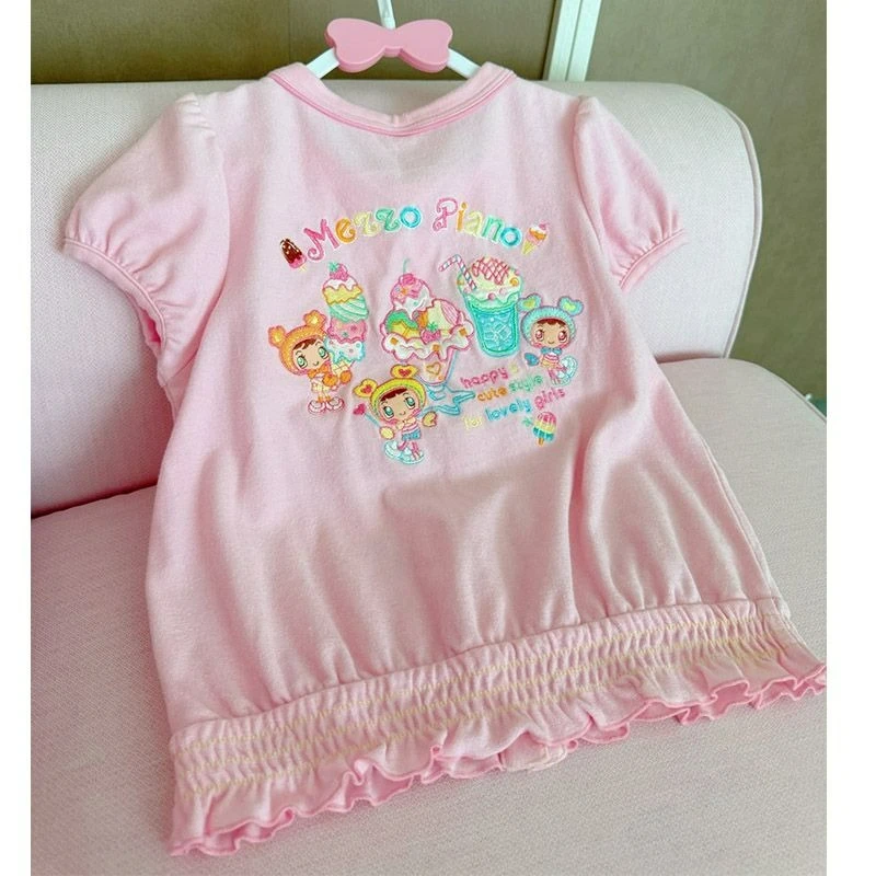 Pink Japanese Sweet Lolita T-shirt Women Kawaii Cute Cartoon Embroidery Contrast Color Tshirts Y2k Aesthetic Grunge Zipper ​Tees