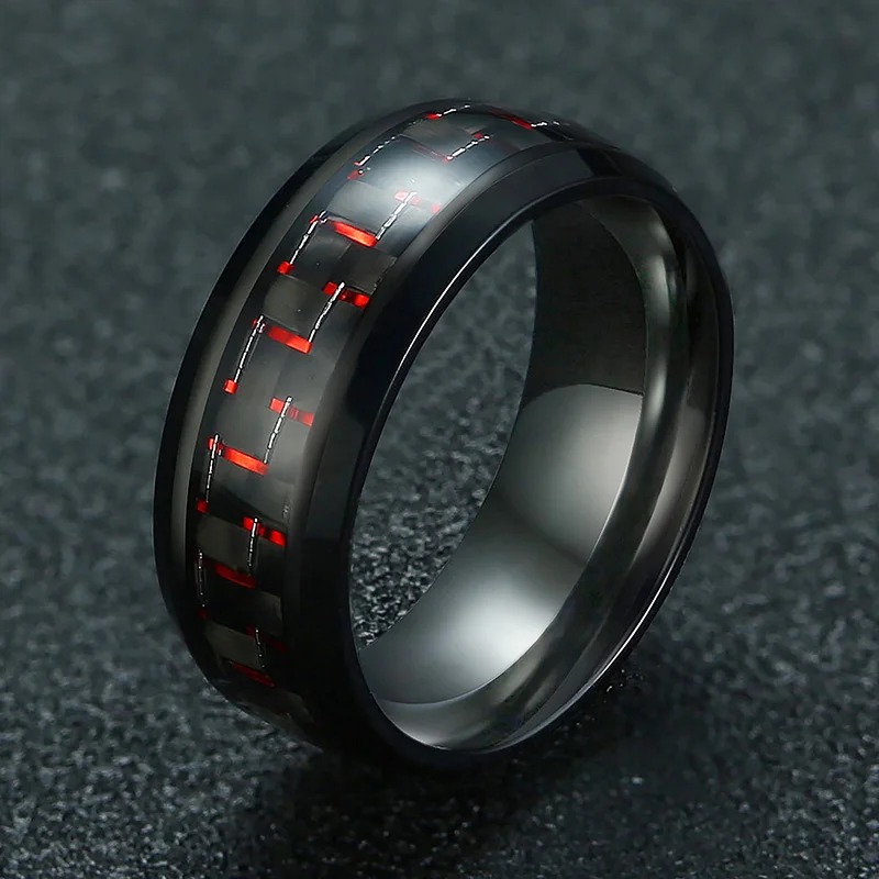 8MM Stainless Steel Black Carbon Fiber Rings Fashion Red Blue Ring Anel Masculino Men Women Cool Charm Jewelry Gifts Wholesale