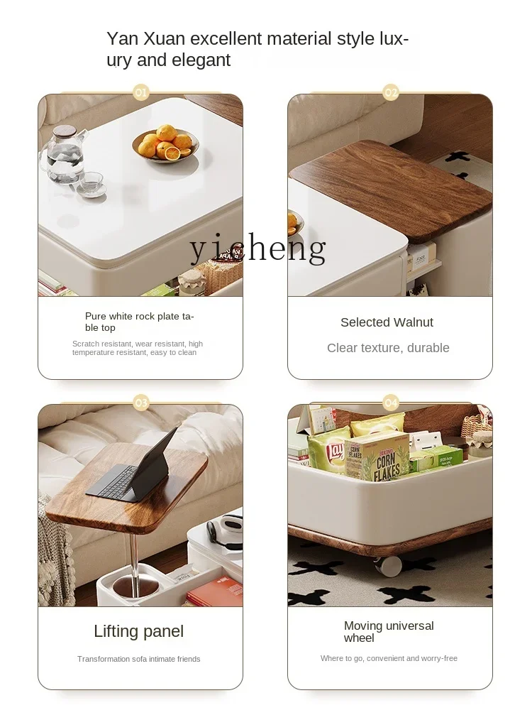 

ZZ Solid Wood Mobile Coffee Table Trolley Multi-Function Lifting Stone Plate Side Table Tea Table