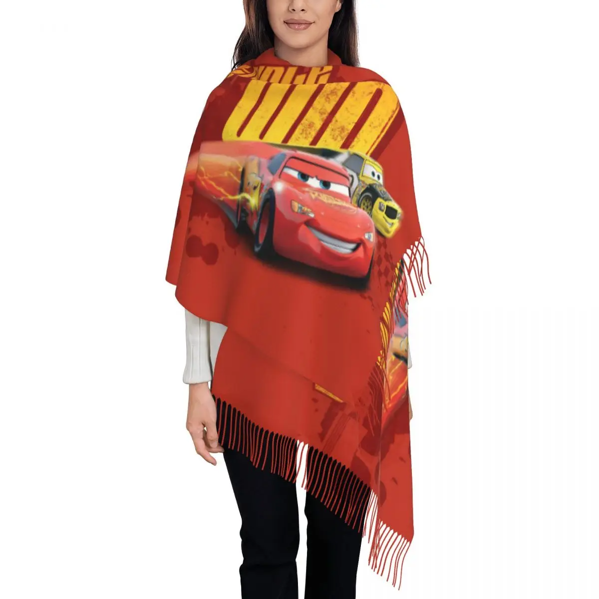 Custom Fashion Lightning McQueen Cars Tassel Scarf Women Winter Fall Warm Shawls Wraps Ladies Cartoon Scarves