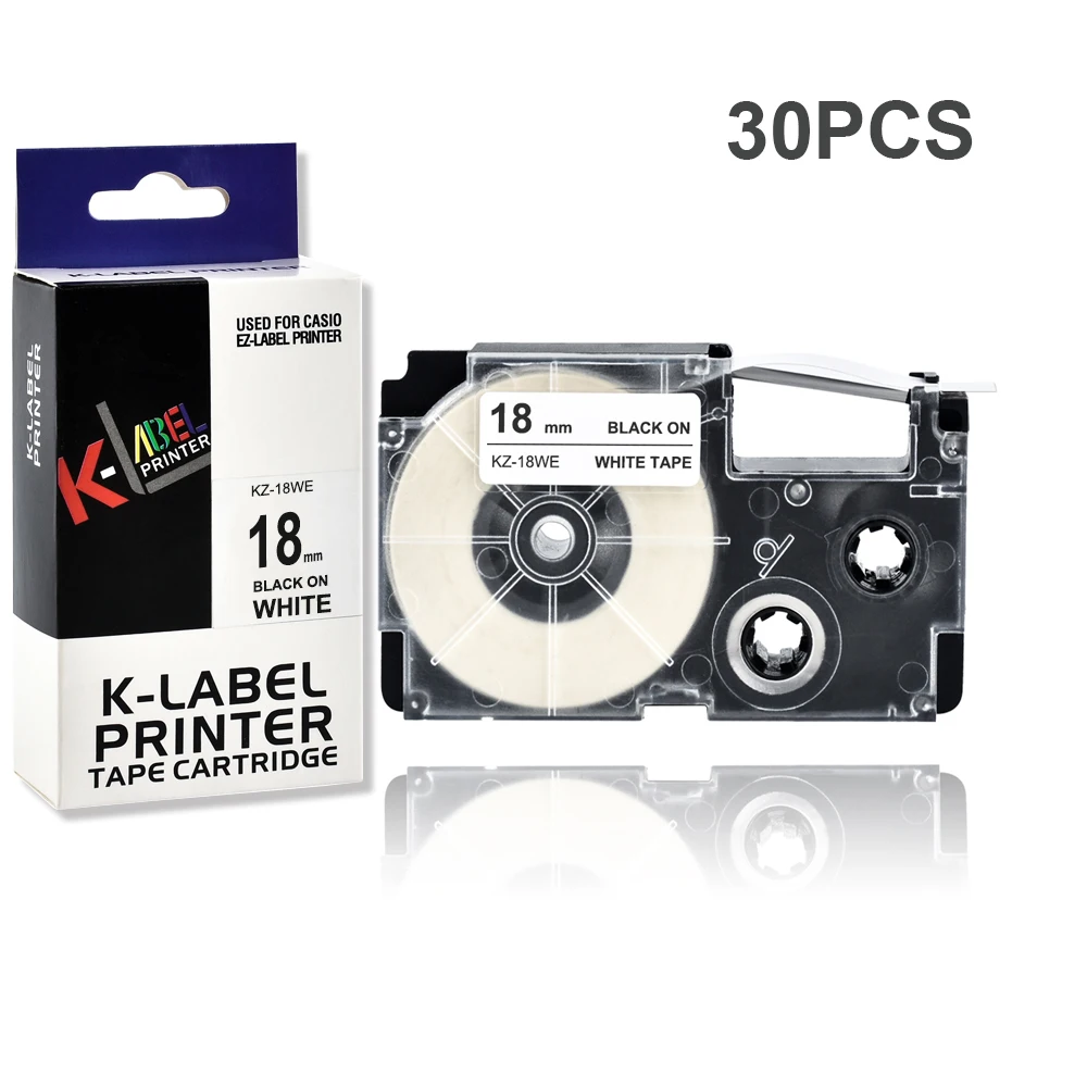 

30pcs 18mm Casio label tape Black on White XR18WE 18WE XR-18WE for KL-60 typewriter KL-60SR KL120 EZ Label Maker