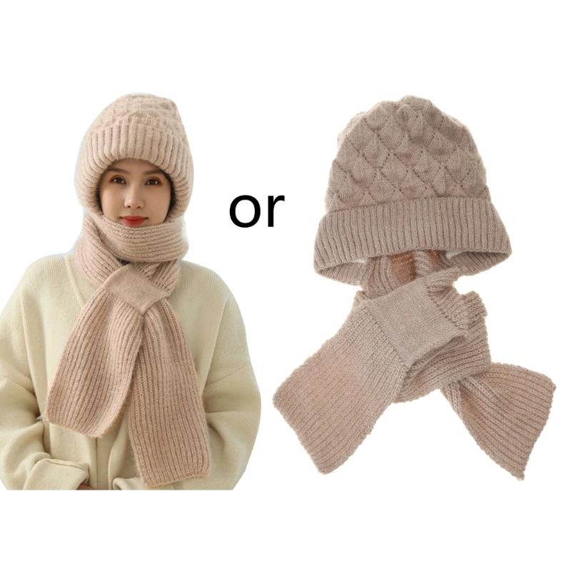 Y166 2-in1 Soft Warm Scarf Crochet Hooded Scarf Hat for Skiing Hiking Universal Lady Windproof Shawl Hat with Neck Covers