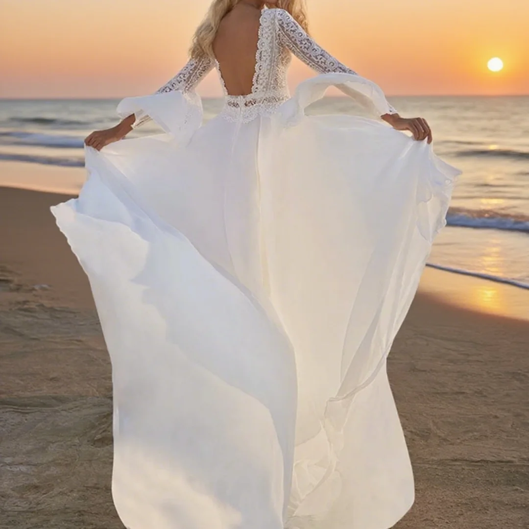 

Customized A-line chiffon wedding dress with V-neck, elegant long-sleeved lace appliqués, backless bridal formal gown