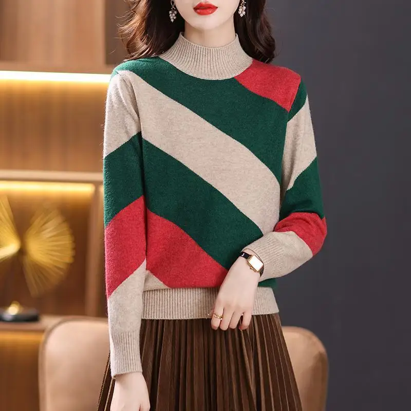 Autumn Winter Clothes 2023 New Fashionable Straight Wide Striped Long Sleeve Top Korean Half High Neck Short Sweater for Women