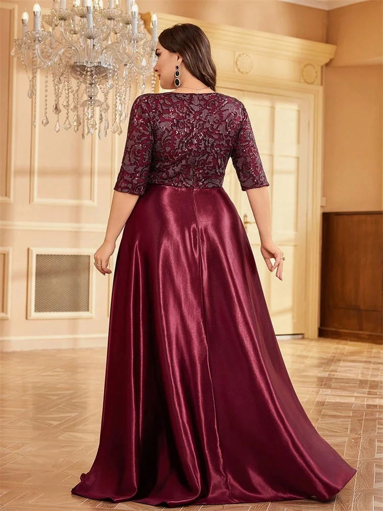 Plus Size Luxe Korte Mouw Rood Satijn V-hals Avondjurk 2025, Vrouwen Pailletten elegante Party Prom Vloerlengte Cocktailjurken