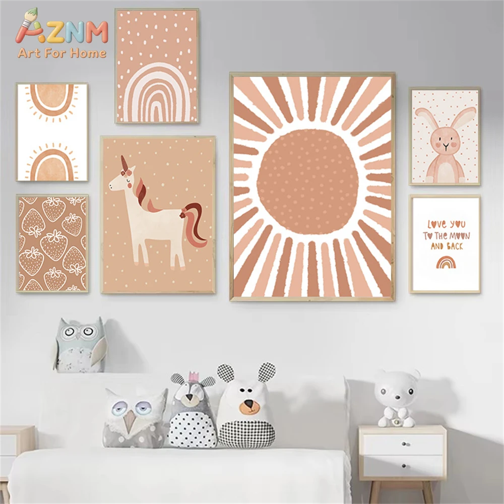 AZNM Boho Rainbow Unicorn Canvas Wall Art, Cute Rabbit Sun Strawberry Print Neutral Nursery Kids Room Bedroom Home Wall Decor Un