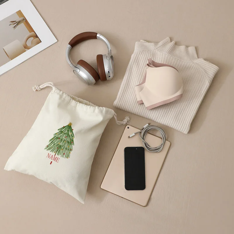 Borsa con coulisse beige personalizzata per bomboniere, nome personalizzato, albero di Natale, vacanze, alberi Boho, regalo per madre, sorella, fidanzata