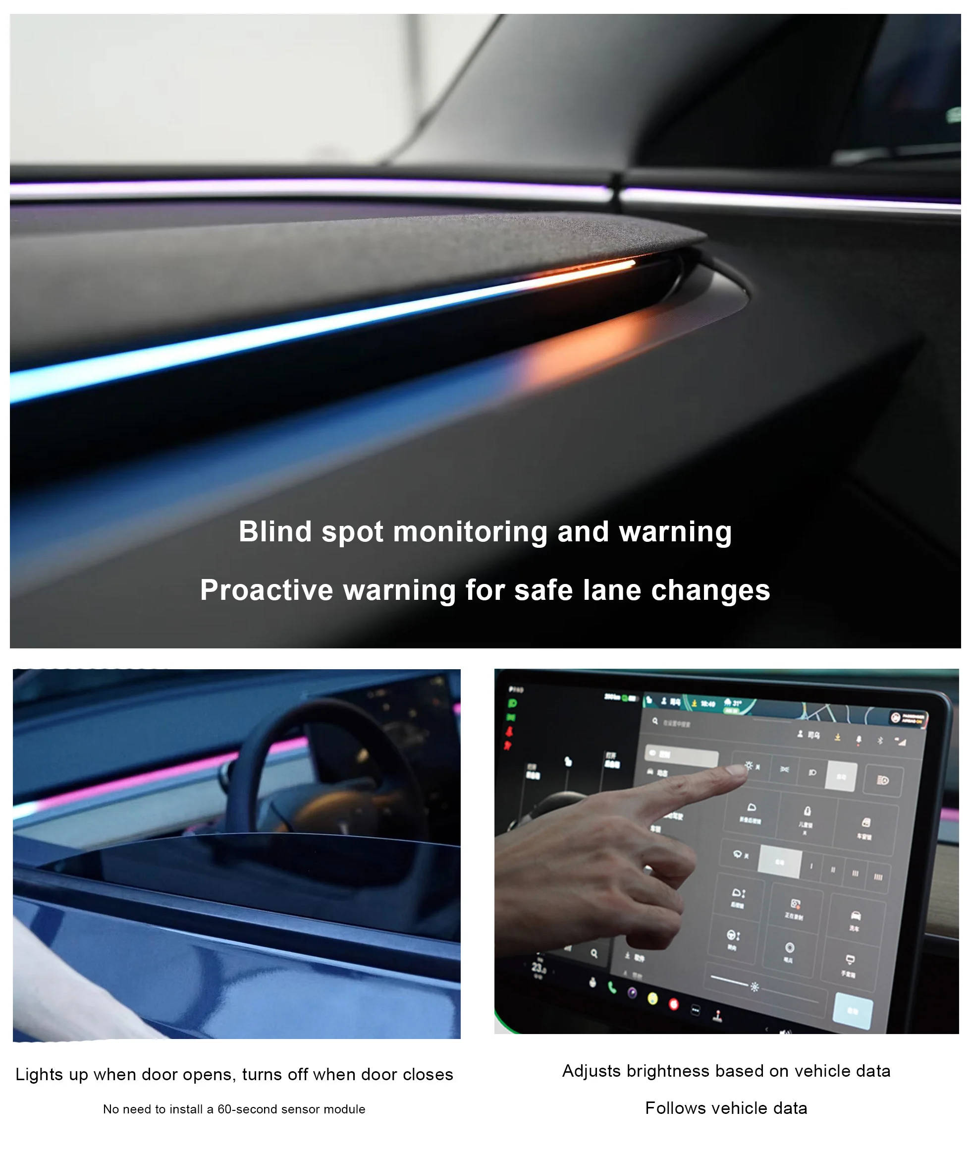 For Tesla Model Y Juniper BSD Smart Ambient Lighting RGB Dashboard Console Ambient Light Kit Model 3/Y LED Strips Neon Lighting