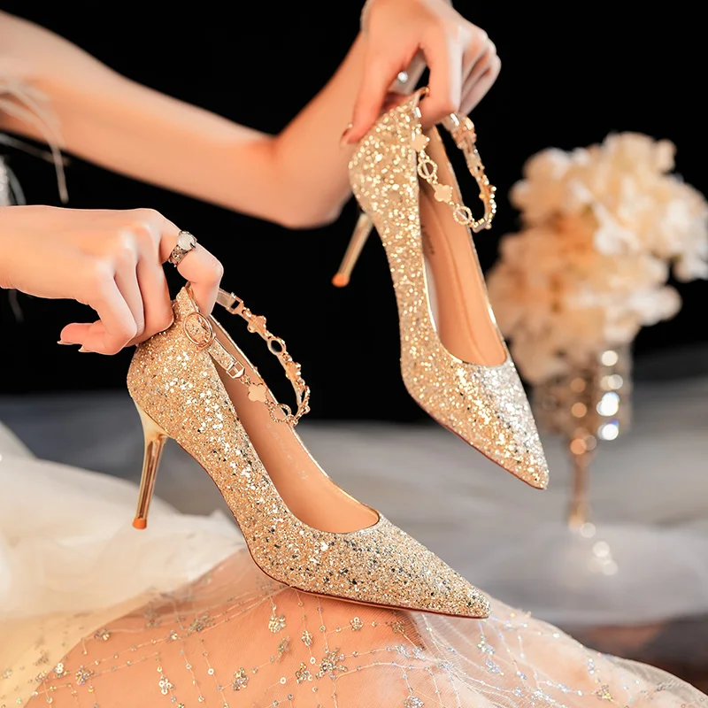 2023 Autumn New Luxury Women's Shoes Sexy Pointed Sequins Crystal Buckle Gold Silver High Heels Banquet Wedding Shoes