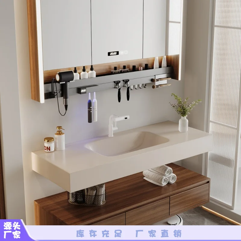Medieval walnut double-layer rock slab hot bending integrated basin bathroom cabinet combination toilet hand wash face washstand
