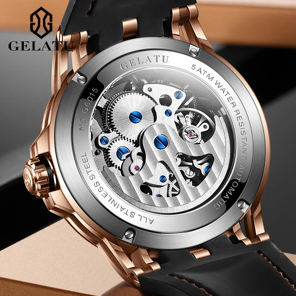 GELATU 6015 Fashion Business Hollow Mechanical Watch For Men Waterproof Luminous Hand Clock Sapphire Mirror Man Automatic Watch