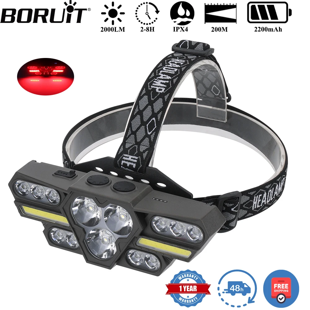 

BORUiT BR15 2000LM 15 * светодиоды Мощный налобный фонарь Type-C Перезаряжаемый 2200 мАч Фара Водонепроницаемый уличный налобный фонарь для кемпинга