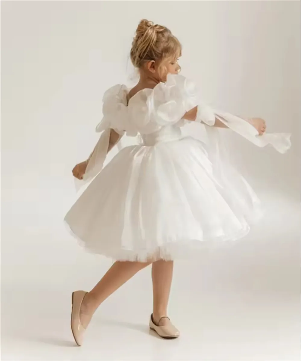 

Elegant Flower Girl Dress for Wedding Off Shoulder Ruffles with Bow Birthday Party Ball Gown Toddlers Christmas Dress Customized