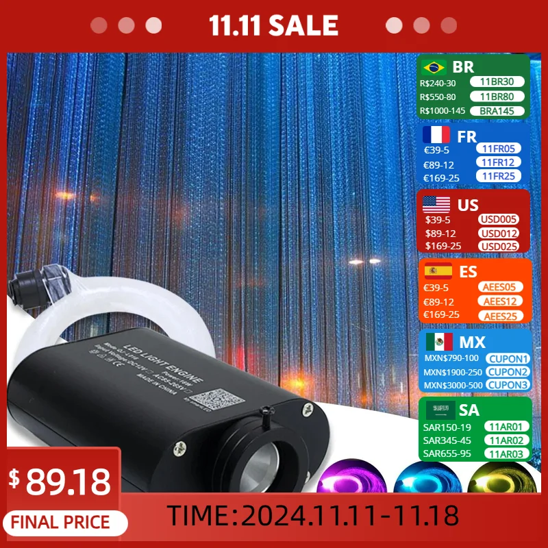 

16W RGBW Sensory Curtain Fiber Optic Light Bluetooth app Control Sparkle Flash Point Fibers 450pcs 4M for Bar Lighting Kds Toys