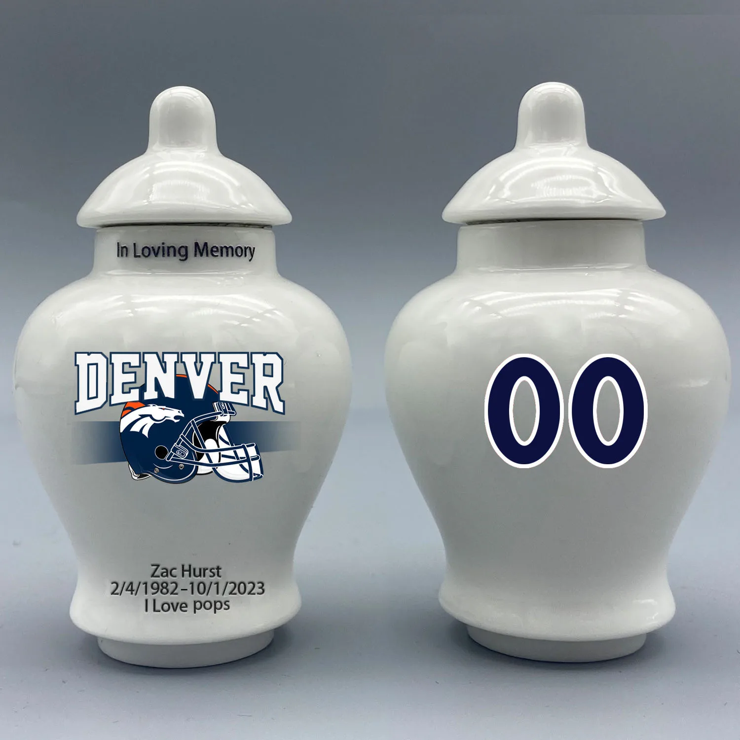 Mini Urn for Denver Broncos-themed Logo Urn.Please send me the customization information - name/date and number on the urn!