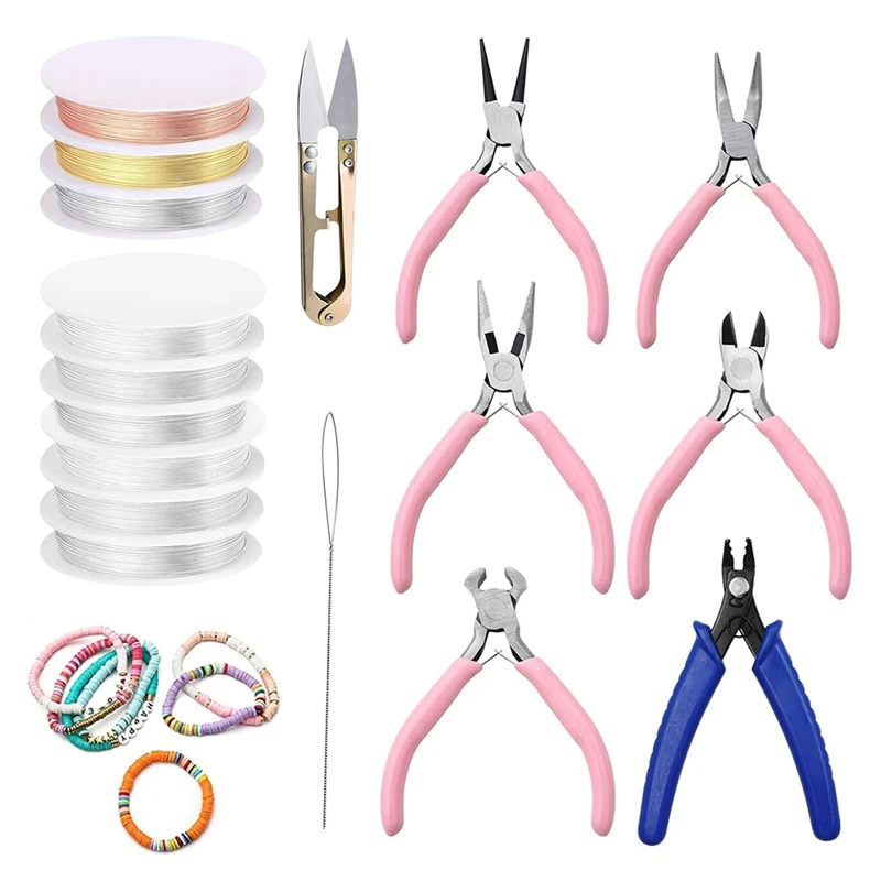 17Pcs Jewelry Pliers With 0.4Mm, 0.5Mm, 0.6Mm, 0.7Mm, 0.8Mm, 1Mm Elastic Bracelet String Cord & 26 Gauge Jewelry Wire