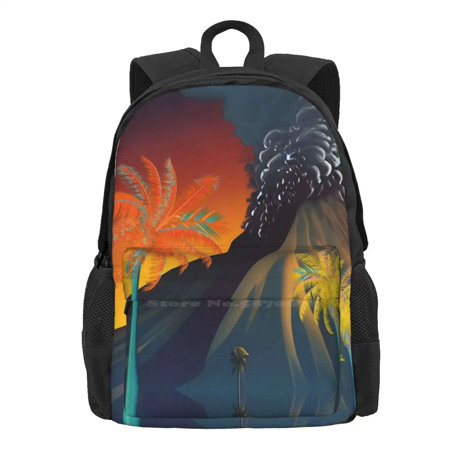 Tiki Volcano Landscape In Hawai'i Large Capacity School Backpack Laptop Bags Plumeria Pikake Lilikoi Waikiki Haleiwa Oahu