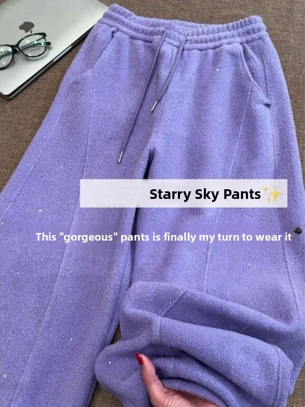 

Shiny Purple Sequin Starry Night Pants Women's Autumn Winter Design Sensation Lazy Drapey Straight Knife Pants Towel Sweatpants