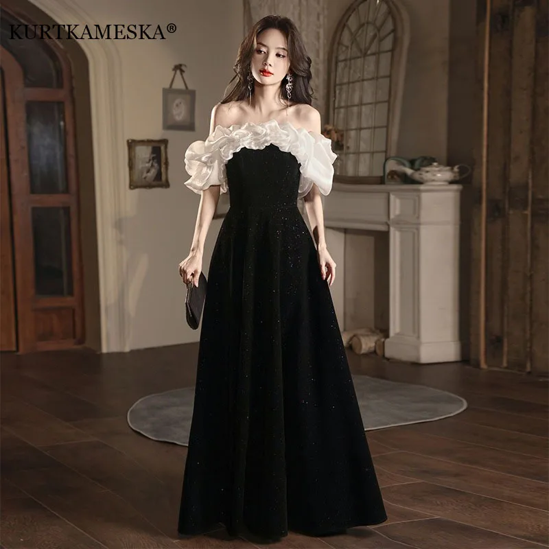 Elegant French Sexy Off Shoulder A-Line Maxi Formal Dresses for Women 2025 Summer Black Prom Evening Guest Long Party vestidos